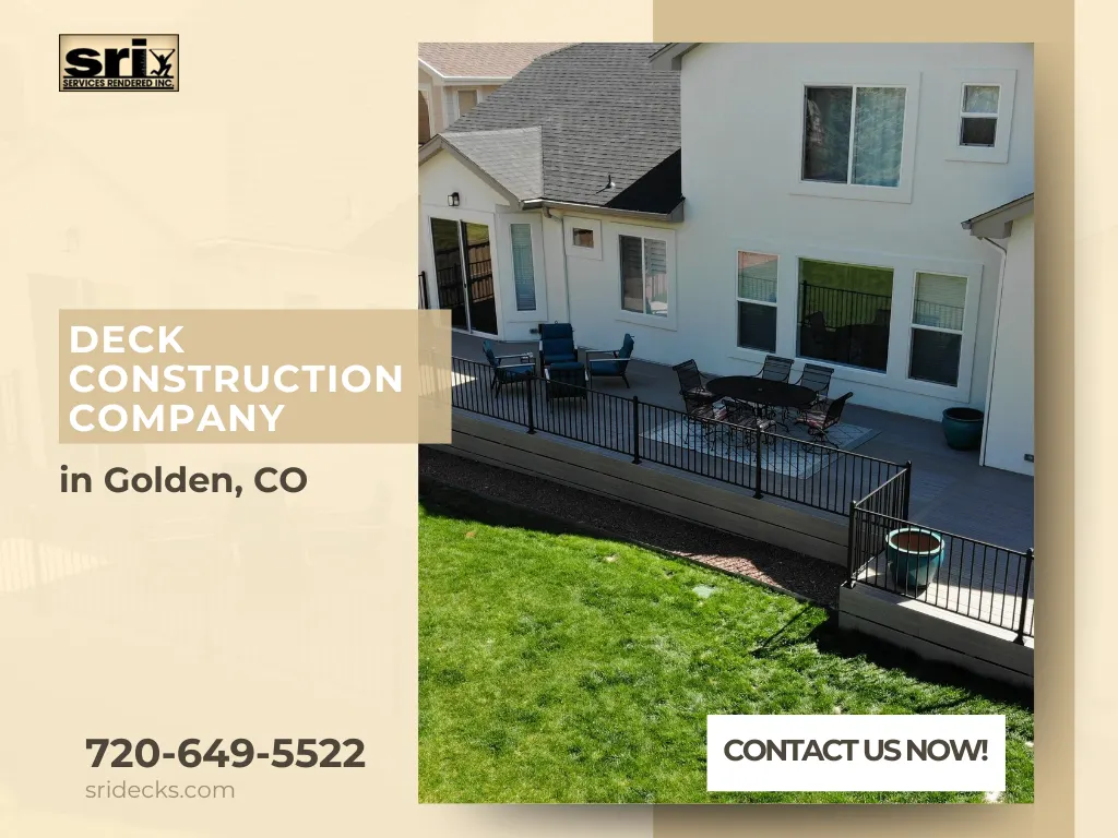 Spacious backyard deck attached to a white two-story home in Golden, CO, designed and built by SRI Decks