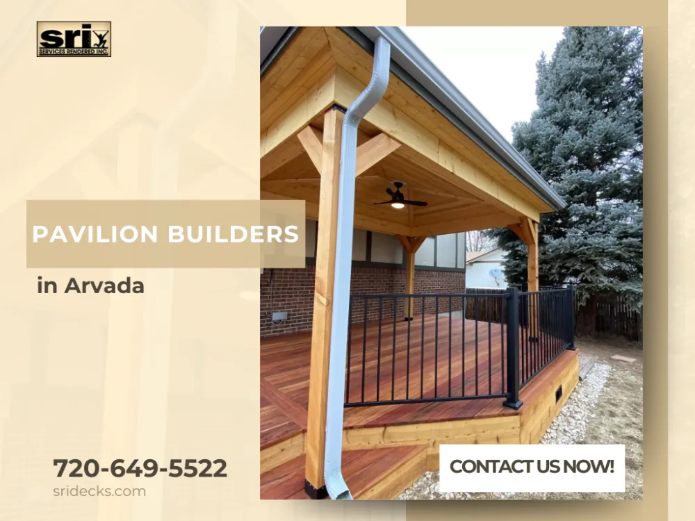Custom wooden backyard pavilion with black railing in Arvada, Colorado